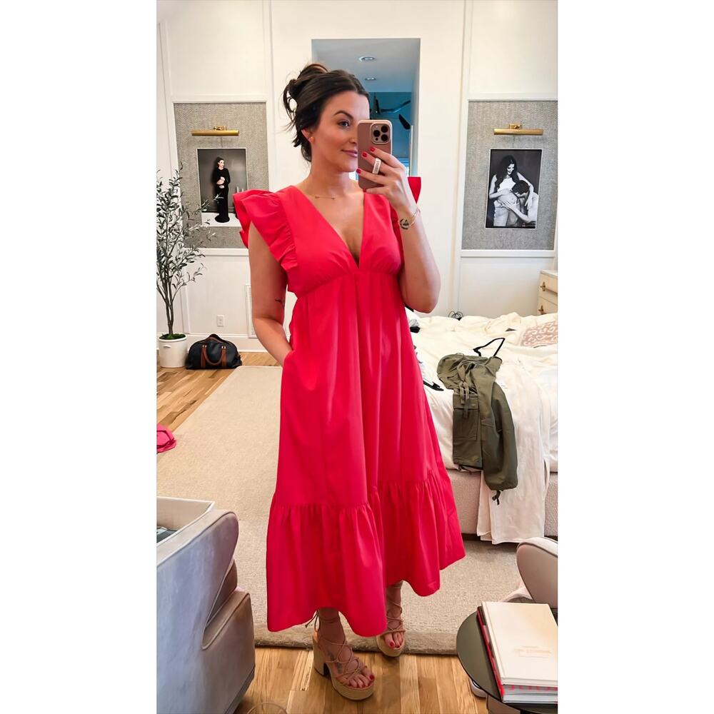Abercrombie & Fitch Hot Pink Ruffle-Sleeve V‑Neck Maxi Dress